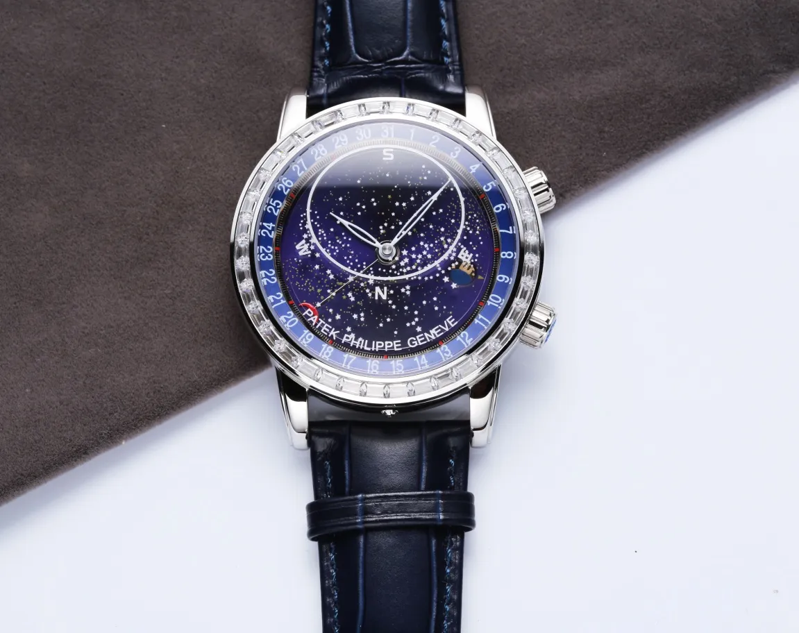 【High-end replica】💰1720! 【Top replica】💰4500! Patek Philippe Starry Sky upgraded and revised version V3 is officially launched. This version corrects the "clockwise" calendar direction consistent with the official version, adds a diamond-set version of the buckle, and tool-free disassembly and assembly of the belt. Text: Patek Philippe 6102 | 6104 Super Complication Series/Geneva Sky Series, have you ever imagined wearing the starry sky on your wrist? This starry sky watch has a unique astrological function. You can enjoy the Geneva sky map on the dial. The blue letters are matched with the 18K real gold-plated moon phase, which is consistent with the original. The black letters are matched with the enamel white moon phase, which is consistent with the original. It took 30 months to carefully build. It uses the original imported Miyota fully automatic mechanical movement modified 324S. The 6 o'clock position on the side of the case It uses imported Swarovski natural rhinestones and an original 18K gold automatic hammer. The moon on the dial will automatically change according to the full moon and eclipse of the moon in the sky. The glass is processed with advanced technology. The micro-arch shape allows the glass to refract light and have a stronger three-dimensional effect, making the dial look more transparent. Men’s ultimate dream is to have the king of watches in hand. Nothing else! (Focus on original new machines) Focus is an attitude, produced by JH!